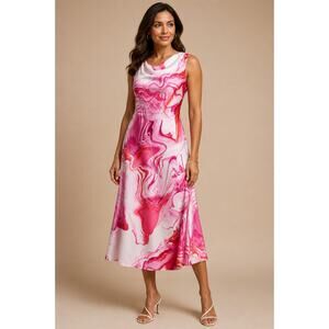 DKNY Pink White Abstract Cowl Neck Midi Dress Sleeveless Size 14
